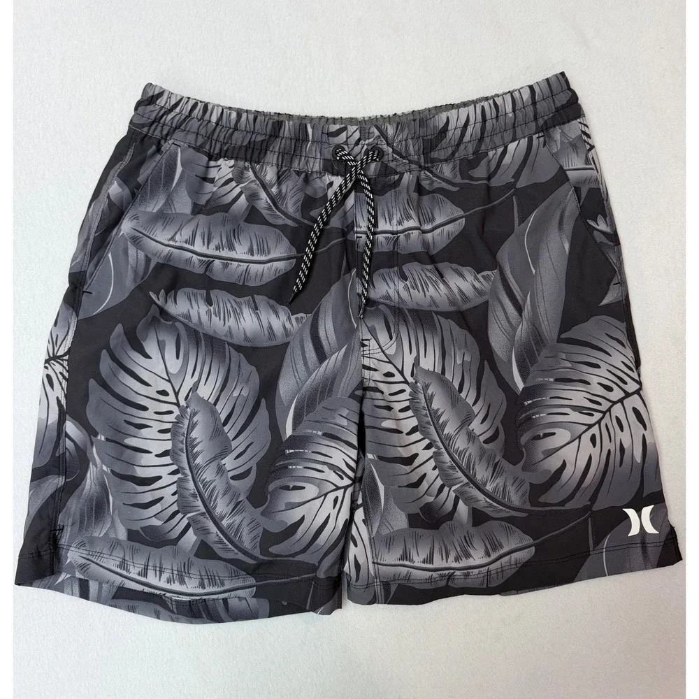Hurley Mens Tropical Leaf Print Board Shorts Grey Black Elastic Waist Large